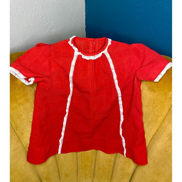 HANDMADE BABY DRESS - Red with White Lace - 17" - 3 Buttons in Back - Vintage - Picture 1 of 9
